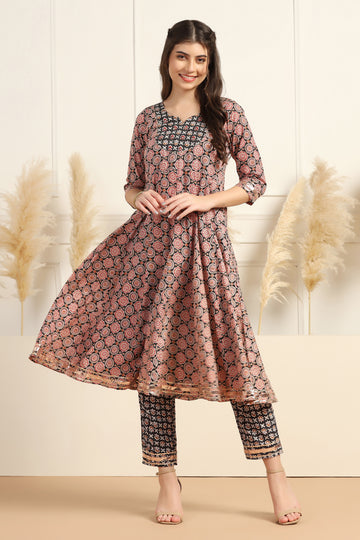 Womens Black Cotton Blend Floral Printed Ankle Length Anarkali Kurta With Pant Set