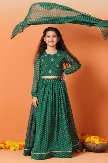 Girls Green Georgette Leheriya Printed Lehenga And Choli With Dupatta Set