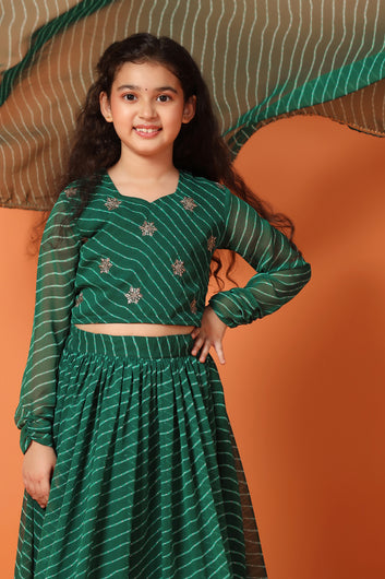 Girls Green Georgette Leheriya Printed Lehenga And Choli With Dupatta Set