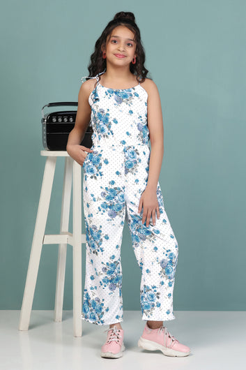 Girls Blue Cotton Blend All-Over Floral Printed Modern Ankle Length Jumpsuit