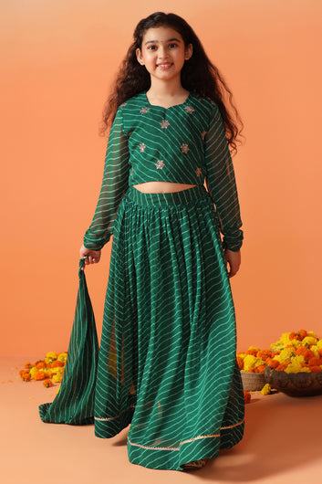 Girls Green Georgette Leheriya Printed Lehenga And Choli With Dupatta Set