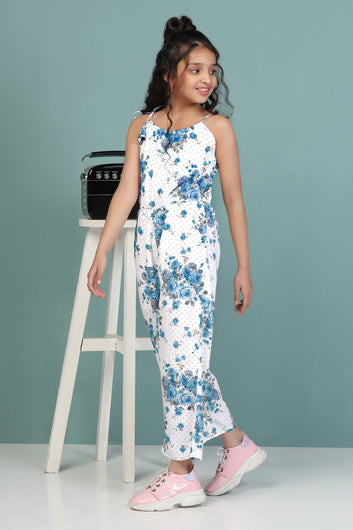 Girls Blue Cotton Blend All-Over Floral Printed Modern Ankle Length Jumpsuit