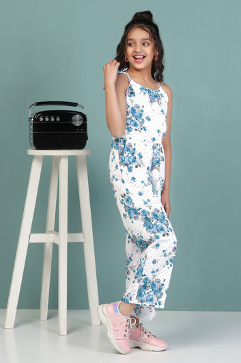 Girls Blue Cotton Blend All-Over Floral Printed Modern Ankle Length Jumpsuit