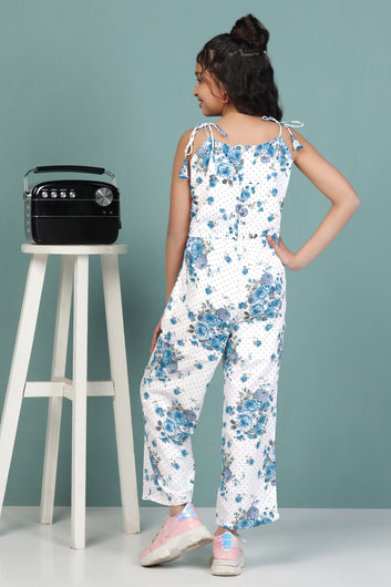 Girls Blue Cotton Blend All-Over Floral Printed Modern Ankle Length Jumpsuit