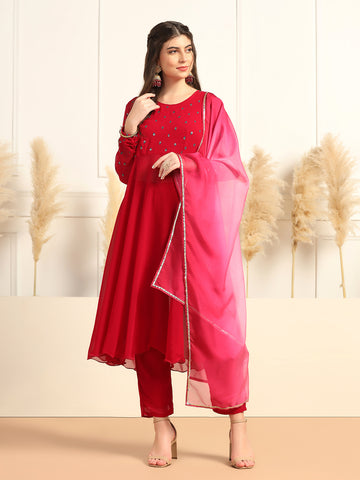 Womens Rani Georgette Embroidered Ankle Length Flared Kurta And Pant With Dupatta Set