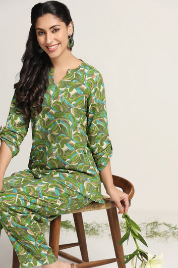 Womens Green Rayon Abstract Printed Top with Trouser Set
