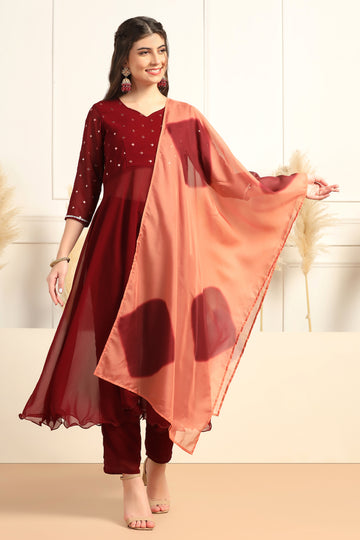 Womens Maroon Georgette Embroidered Ankle Length Flared Kurta And Pant With Dupatta Set