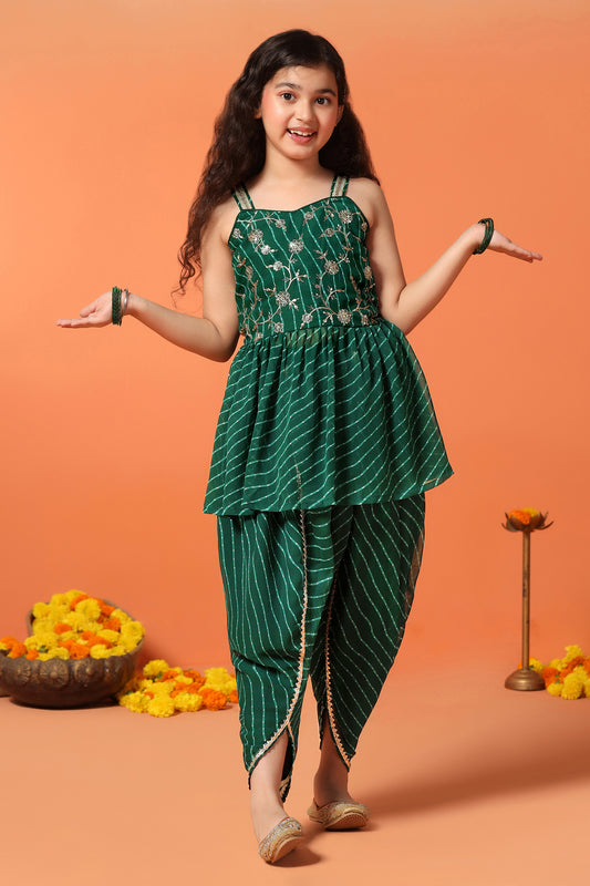 Girls Green Georgette Leheriya Printed Peplum Kurta With Dhoti Set