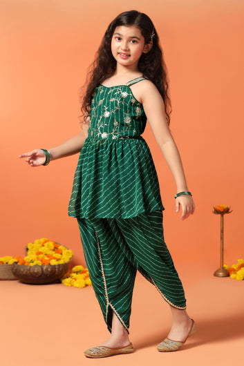 Girls Green Georgette Leheriya Printed Peplum Kurta With Dhoti Set