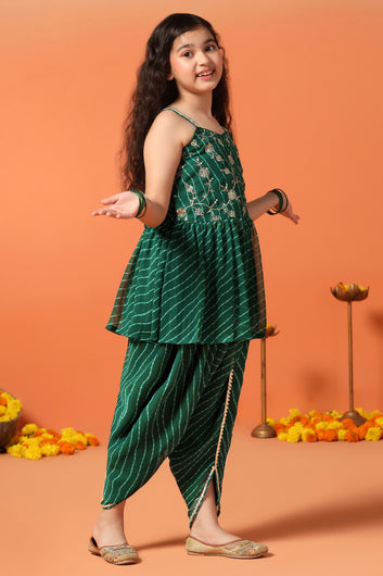 Girls Green Georgette Leheriya Printed Peplum Kurta With Dhoti Set