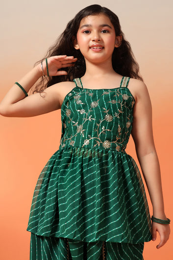 Girls Green Georgette Leheriya Printed Peplum Kurta With Dhoti Set