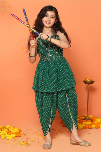 Girls Green Georgette Leheriya Printed Peplum Kurta With Dhoti Set