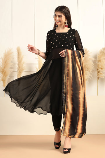 Womens Black Georgette Embroidered Ankle Length Flared Kurta And Pant With Dupatta Set