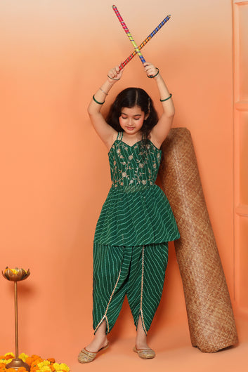 Girls Green Georgette Leheriya Printed Peplum Kurta With Dhoti Set