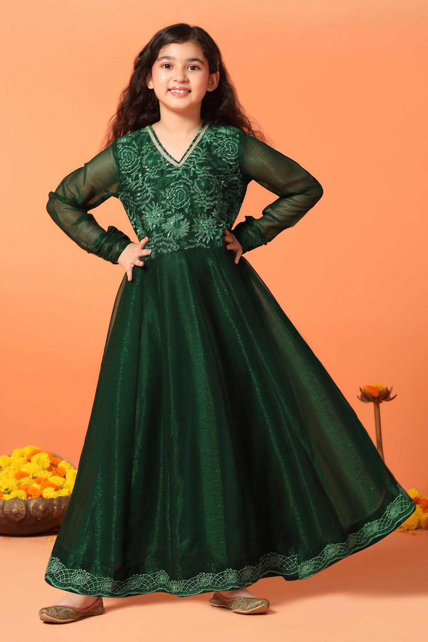 Girls Bottle Green Organza Embroidered Fit & Flare Maxi Length Dress