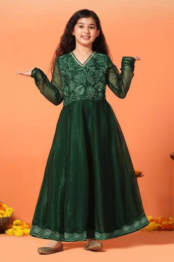 Girls Bottle Green Organza Embroidered Fit & Flare Maxi Length Dress