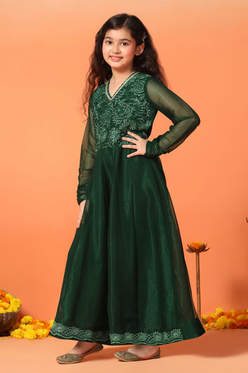 Girls Bottle Green Organza Embroidered Fit & Flare Maxi Length Dress