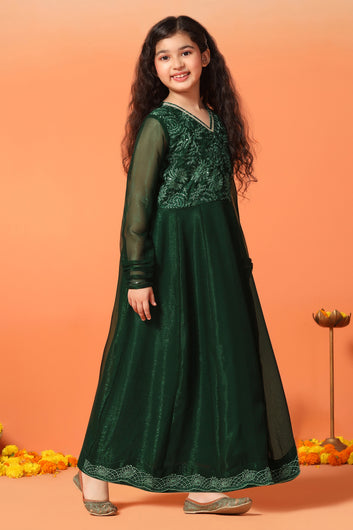 Girls Bottle Green Organza Embroidered Fit & Flare Maxi Length Dress