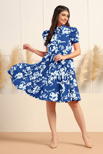 Womens Blue Cotton Blend Floral Printed Tiered Knee Length Fit & Flare Dress