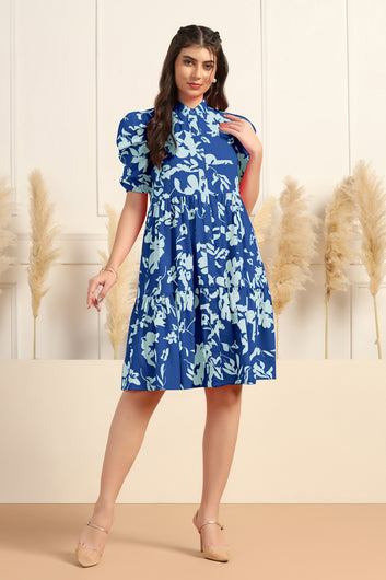 Womens Blue Cotton Blend Floral Printed Tiered Knee Length Fit & Flare Dress