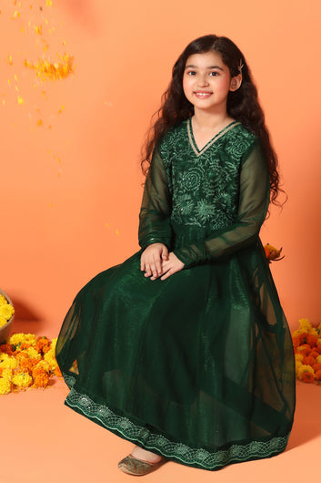 Girls Bottle Green Organza Embroidered Fit & Flare Maxi Length Dress