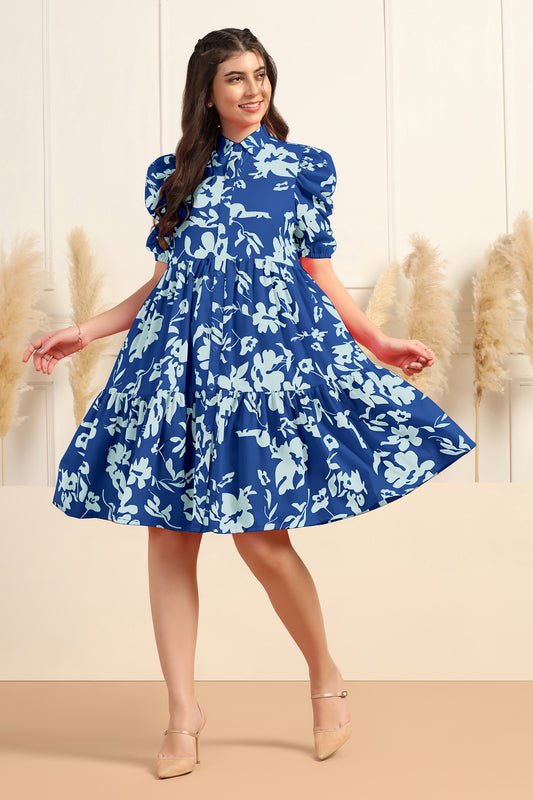 Womens Blue Cotton Blend Floral Printed Tiered Knee Length Fit & Flare Dress