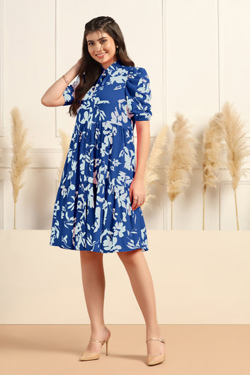 Womens Blue Cotton Blend Floral Printed Tiered Knee Length Fit & Flare Dress