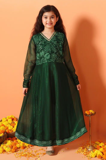 Girls Bottle Green Organza Embroidered Fit & Flare Maxi Length Dress