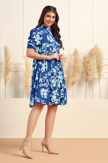 Womens Blue Cotton Blend Floral Printed Tiered Knee Length Fit & Flare Dress