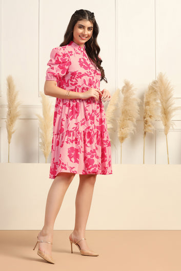 Womens Pink Cotton Blend Floral Printed Knee Length Fit & Flare Dress