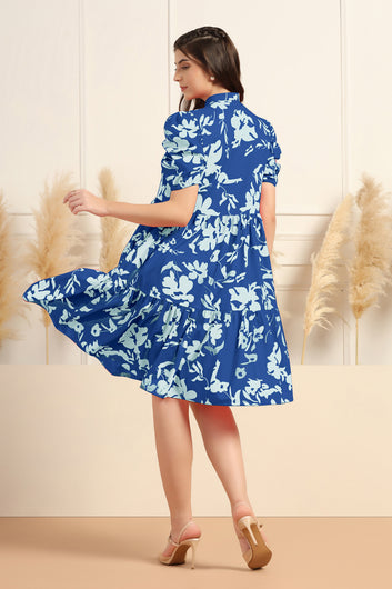 Womens Blue Cotton Blend Floral Printed Tiered Knee Length Fit & Flare Dress