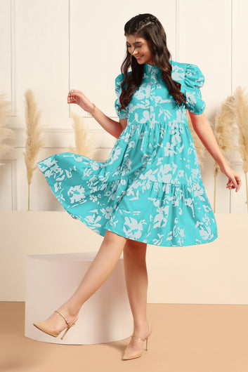 Womens Turquoise Cotton Blend Floral Printed Knee Length Fit & Flare Dress