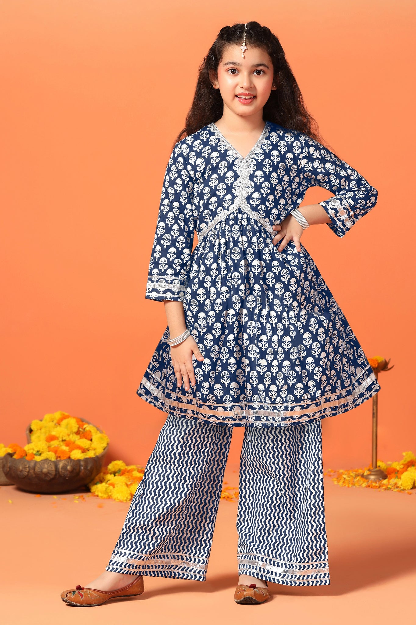 Girls Blue Cotton Ikart Printed Empire Waist Style Kurta With Palazzo Set