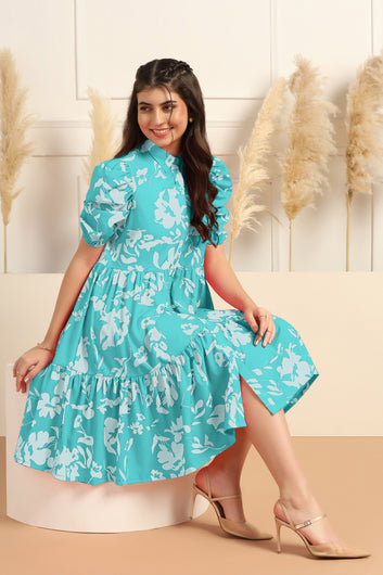 Womens Turquoise Cotton Blend Floral Printed Knee Length Fit & Flare Dress