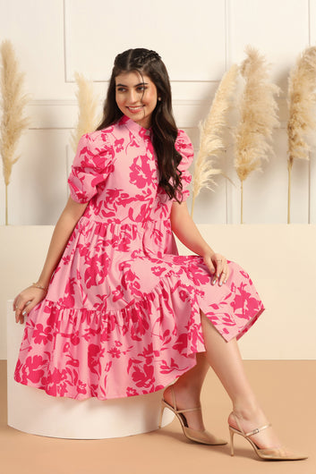 Womens Pink Cotton Blend Floral Printed Knee Length Fit & Flare Dress