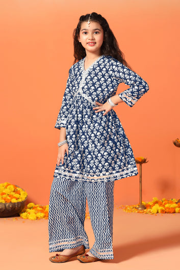 Girls Blue Cotton Ikart Printed Empire Waist Style Kurta With Palazzo Set