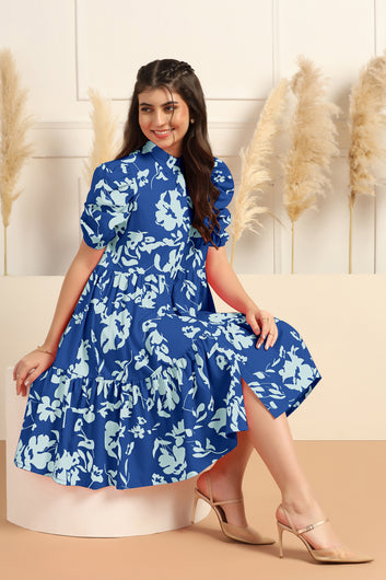 Womens Blue Cotton Blend Floral Printed Tiered Knee Length Fit & Flare Dress