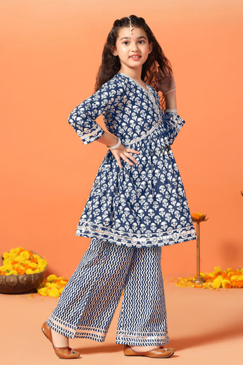 Girls Blue Cotton Ikart Printed Empire Waist Style Kurta With Palazzo Set