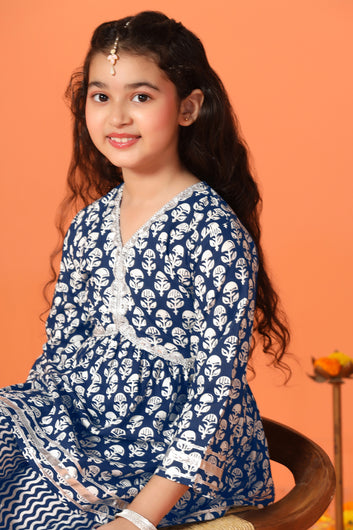 Girls Blue Cotton Ikart Printed Empire Waist Style Kurta With Palazzo Set