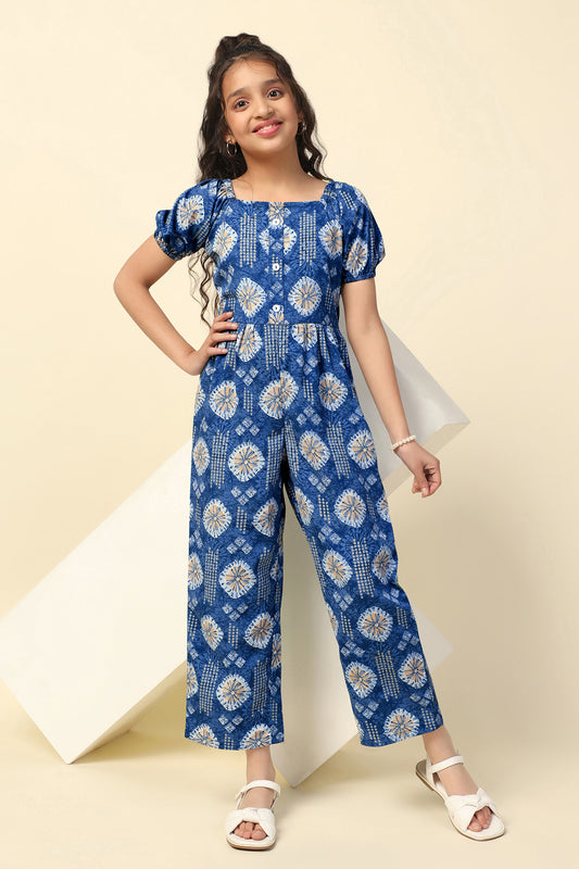 Girls Blue Cotton Blend All-Over Printed A-Line Ankle Length Jumpsuit