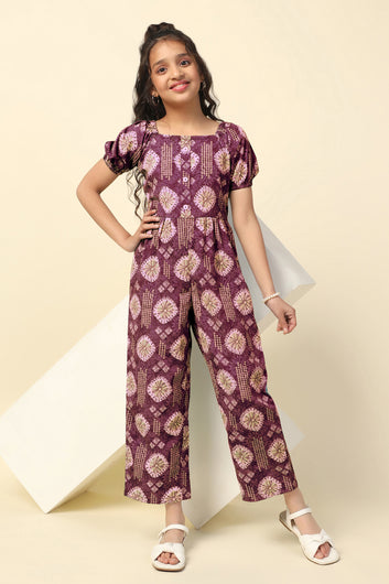 Girls Maroon Cotton Blend All-Over Printed A-Line Ankle Length Jumpsuit