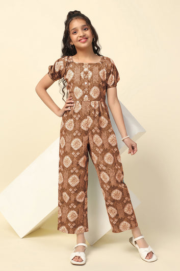 Girls Mustard Cotton Blend All-Over Printed A-Line Ankle Length Jumpsuit