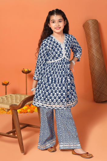 Girls Blue Cotton Ikart Printed Empire Waist Style Kurta With Palazzo Set