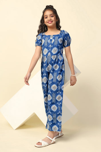 Girls Blue Cotton Blend All-Over Printed A-Line Ankle Length Jumpsuit