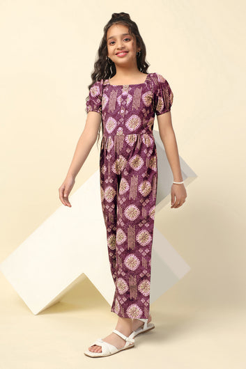 Girls Maroon Cotton Blend All-Over Printed A-Line Ankle Length Jumpsuit