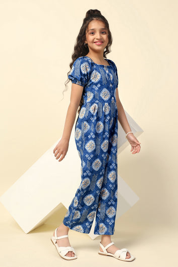 Girls Blue Cotton Blend All-Over Printed A-Line Ankle Length Jumpsuit