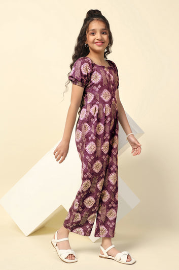 Girls Maroon Cotton Blend All-Over Printed A-Line Ankle Length Jumpsuit