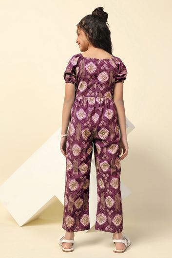 Girls Maroon Cotton Blend All-Over Printed A-Line Ankle Length Jumpsuit