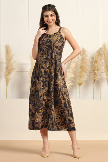 Womens Black Cotton Blend A-Line Animal Printed Calf Length Dress