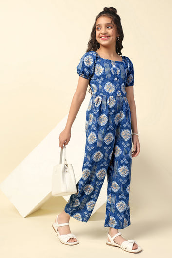 Girls Blue Cotton Blend All-Over Printed A-Line Ankle Length Jumpsuit